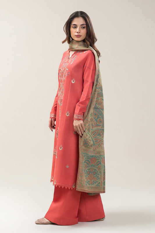 3 PIECE EMBROIDERED SLUB KHADDAR SUIT-CORAL NOIR (UNSTITCHED)