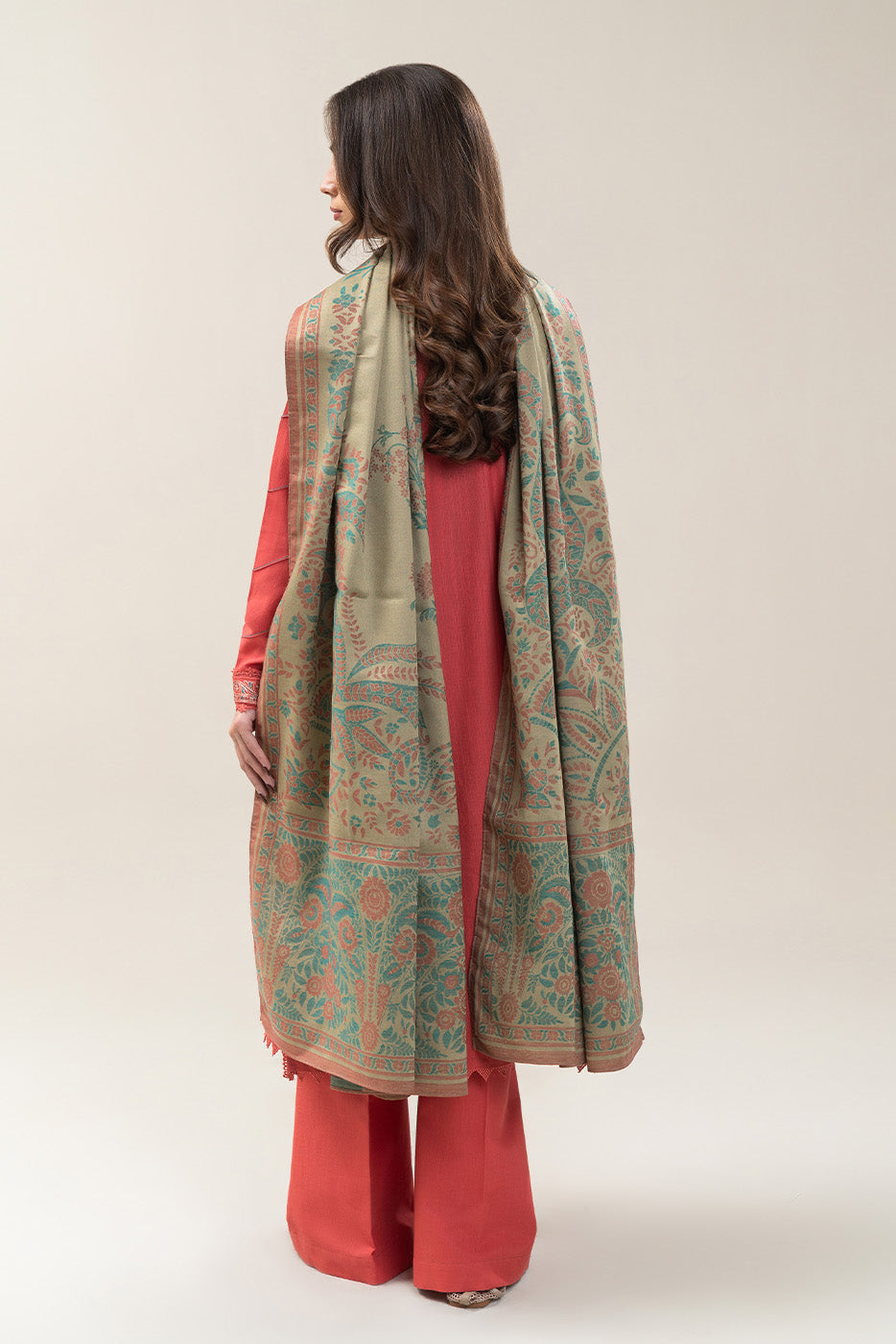 3 PIECE EMBROIDERED SLUB KHADDAR SUIT-CORAL NOIR (UNSTITCHED)