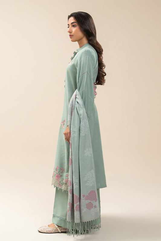 3 PIECE EMBROIDERED SLUB KHADDAR SUIT-MINT GLEAM (UNSTITCHED)