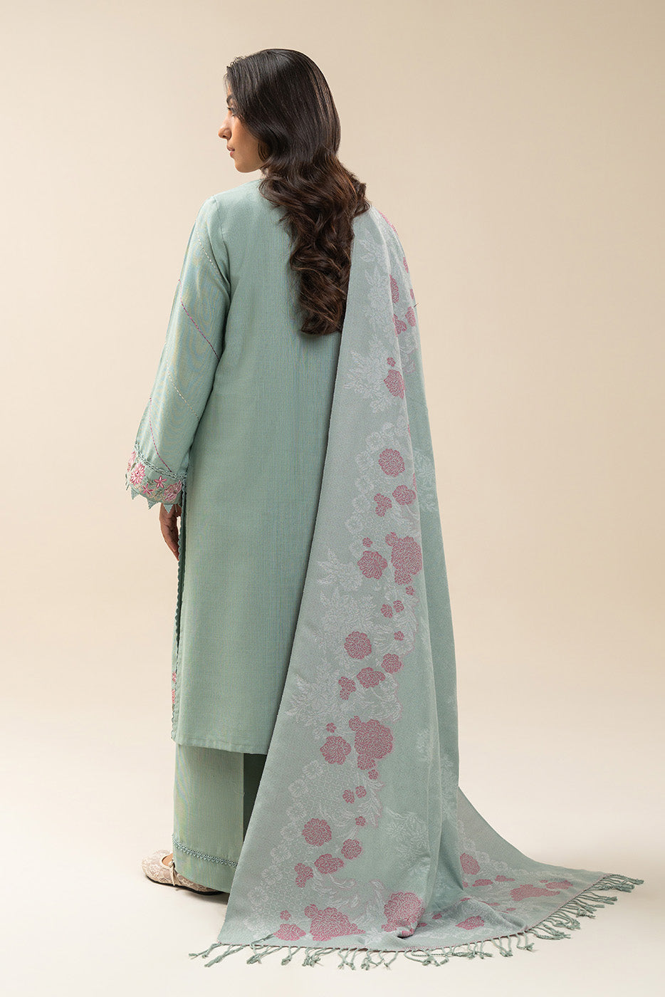 3 PIECE EMBROIDERED SLUB KHADDAR SUIT-MINT GLEAM (UNSTITCHED)