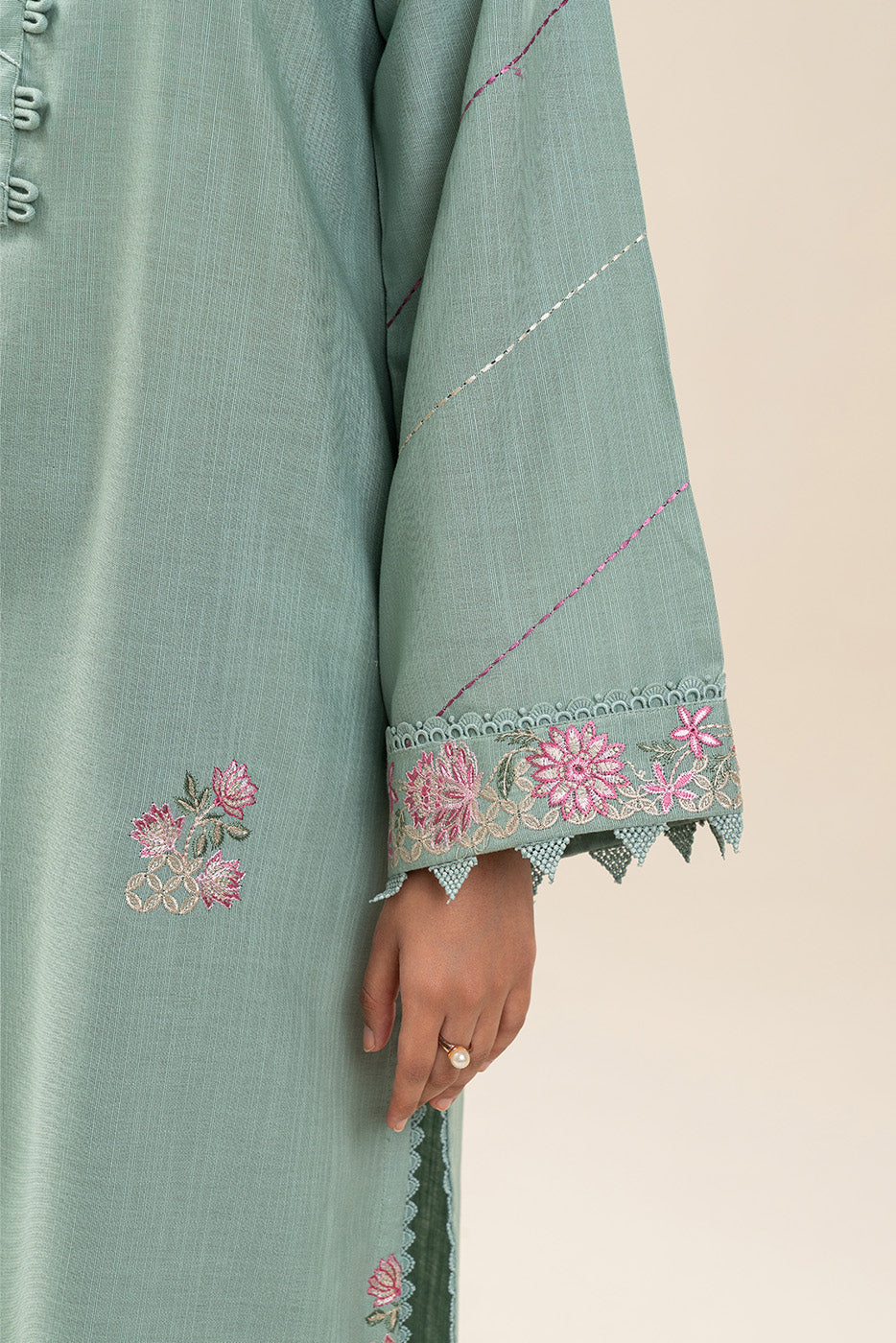 3 PIECE EMBROIDERED SLUB KHADDAR SUIT-MINT GLEAM (UNSTITCHED)