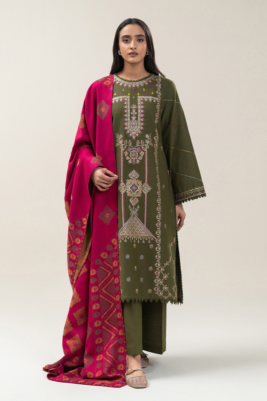 3 PIECE EMBROIDERED SLUB KHADDAR SUIT-BASIL MAZE (UNSTITCHED)
