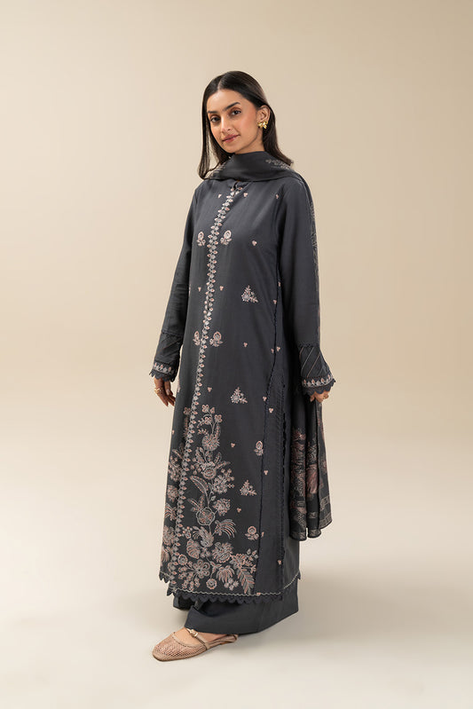 3 PIECE EMBROIDERED SLUB KHADDAR SUIT-GRAPHITE GREY (UNSTITCHED)
