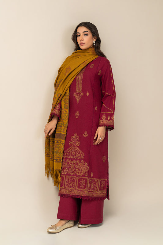 3 PIECE EMBROIDERED SLUB KHADDAR SUIT-SAFFRON RED (UNSTITCHED)