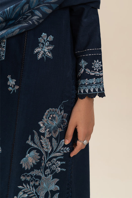 3 PIECE EMBROIDERED SLUB KHADDAR SUIT-NAVY GLEAM (UNSTITCHED)