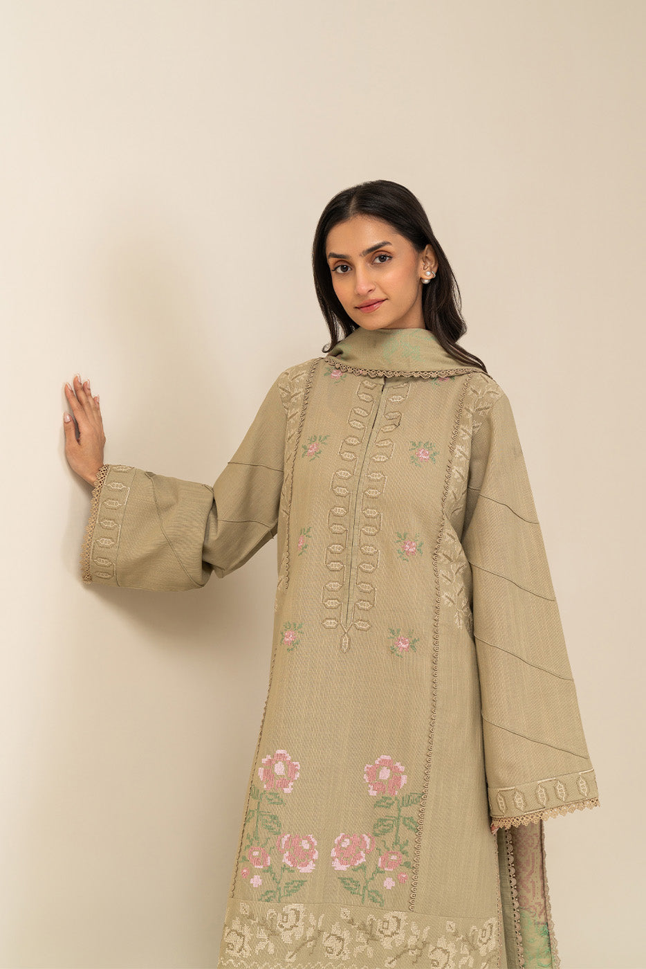 3 PIECE EMBROIDERED SLUB KHADDAR SUIT-LIGHT MOSS (UNSTITCHED)