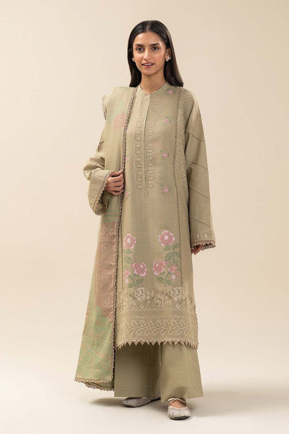 3 PIECE EMBROIDERED SLUB KHADDAR SUIT-LIGHT MOSS (UNSTITCHED)