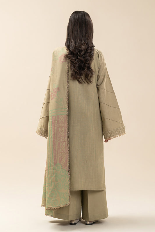 3 PIECE EMBROIDERED SLUB KHADDAR SUIT-LIGHT MOSS (UNSTITCHED)
