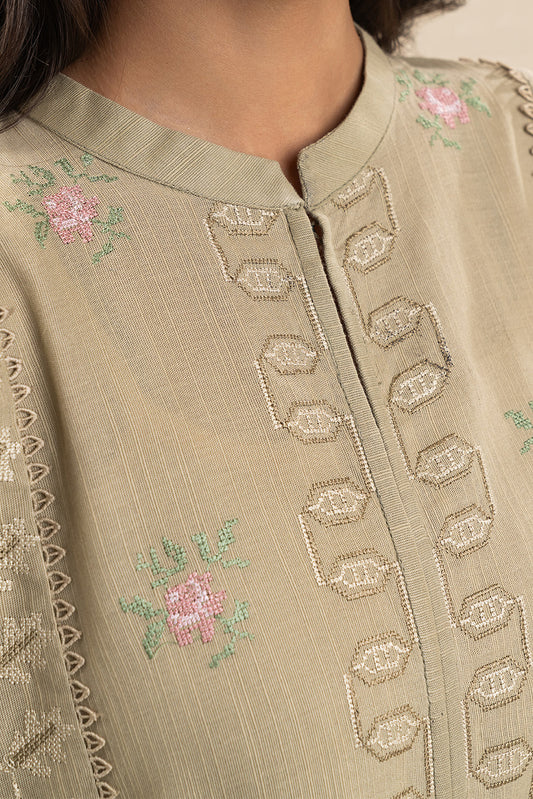 3 PIECE EMBROIDERED SLUB KHADDAR SUIT-LIGHT MOSS (UNSTITCHED)