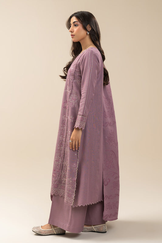 3 PIECE EMBROIDERED SLUB KHADDAR SUIT-ANTIQUE MAUVE (UNSTITCHED)