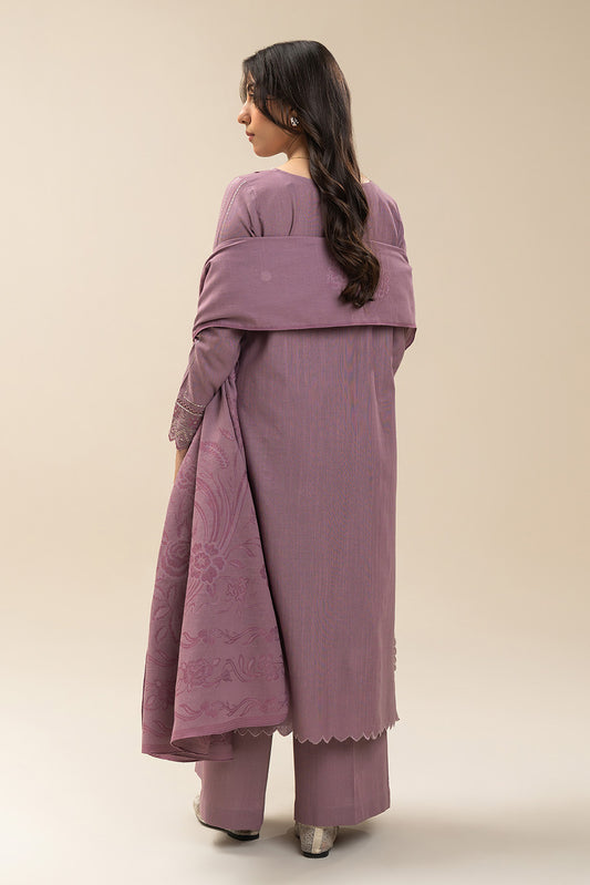 3 PIECE EMBROIDERED SLUB KHADDAR SUIT-ANTIQUE MAUVE (UNSTITCHED)