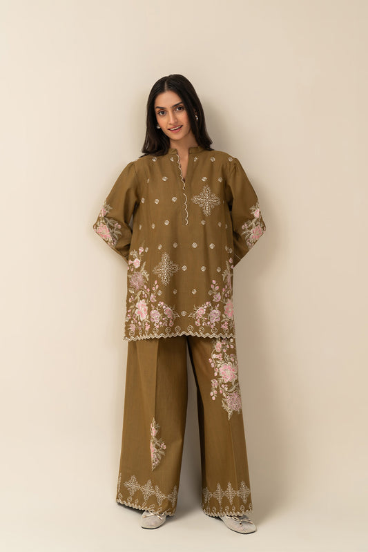 2 PIECE EMBROIDERED SLUB KHADDAR SUIT-SAGE BLOOM (UNSTITCHED)