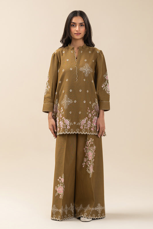 2 PIECE EMBROIDERED SLUB KHADDAR SUIT-SAGE BLOOM (UNSTITCHED)