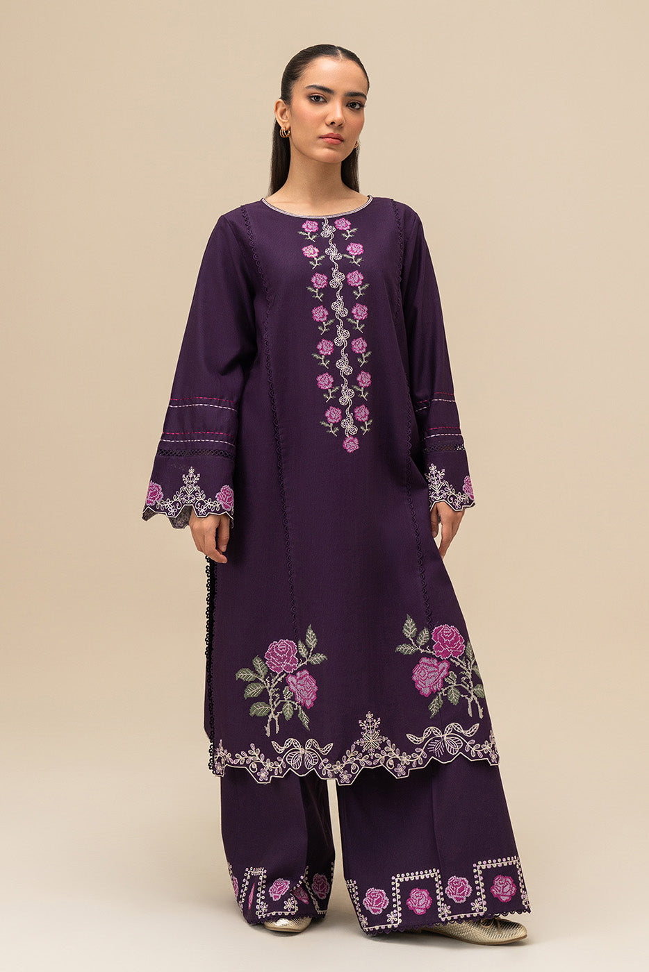 2 PIECE EMBROIDERED SLUB KHADDAR SUIT-IMPERIAL MAGENTA (UNSTITCHED)