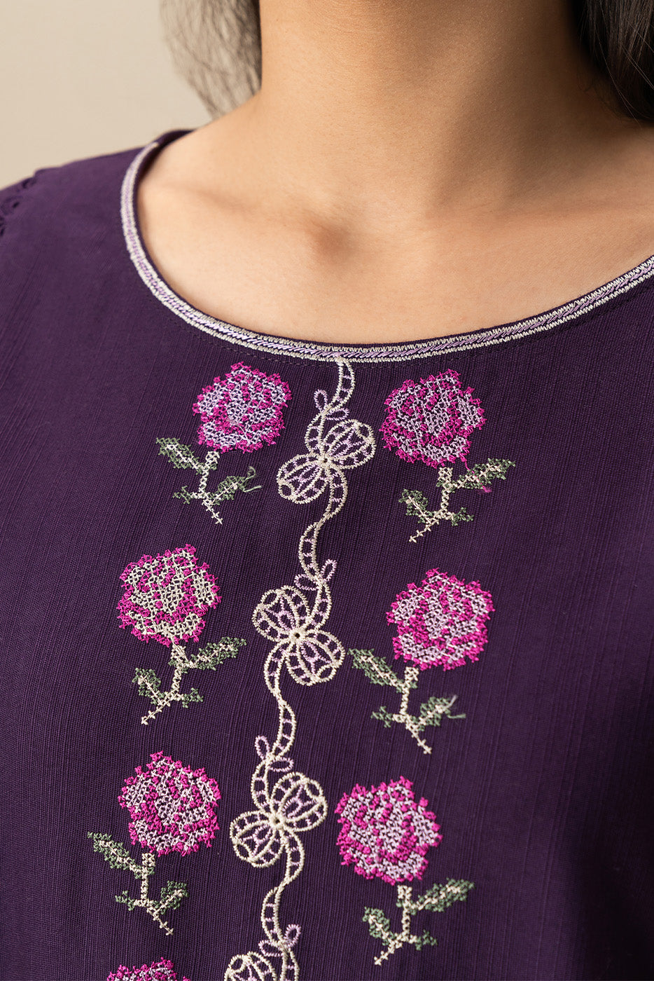 2 PIECE EMBROIDERED SLUB KHADDAR SUIT-IMPERIAL MAGENTA (UNSTITCHED)