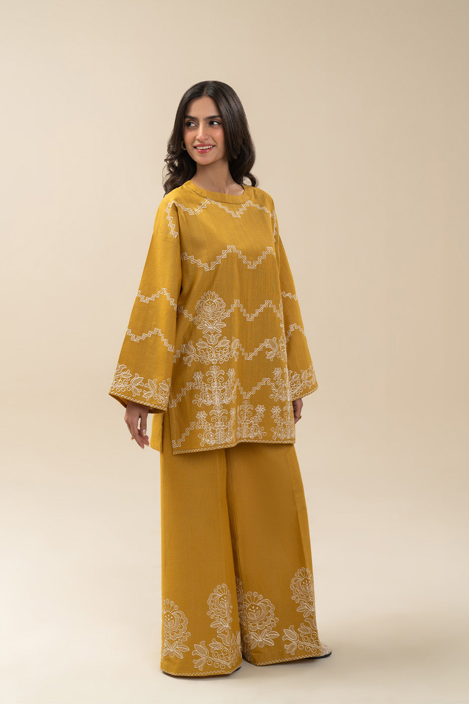 2 PIECE EMBROIDERED SLUB KHADDAR SUIT-MUSTARD MAZE (UNSTITCHED)