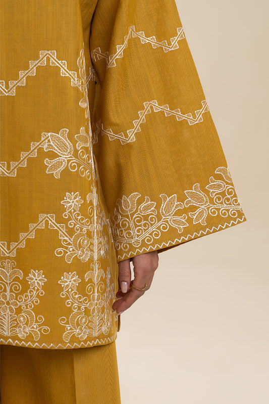 2 PIECE EMBROIDERED SLUB KHADDAR SUIT-MUSTARD MAZE (UNSTITCHED)