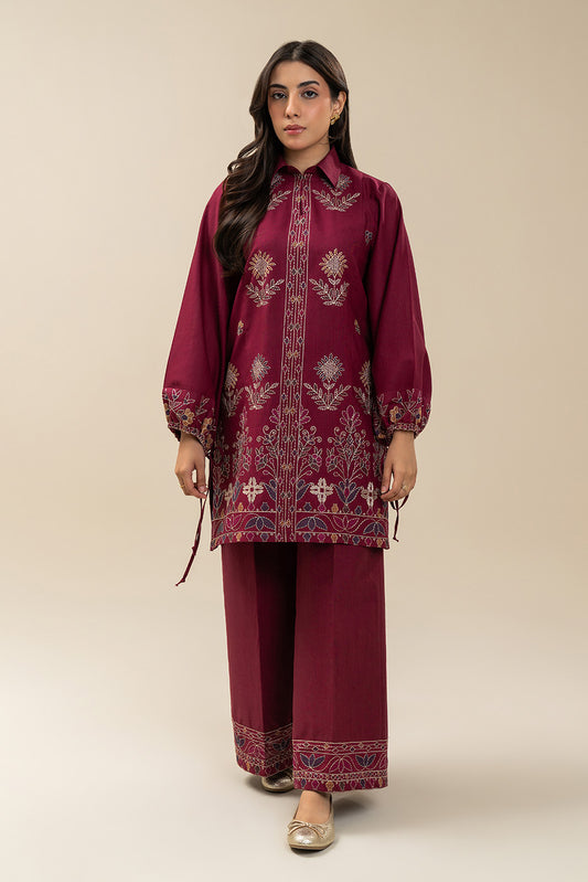 2 PIECE EMBROIDERED SLUB KHADDAR SUIT-BRICK RED (UNSTITCHED)