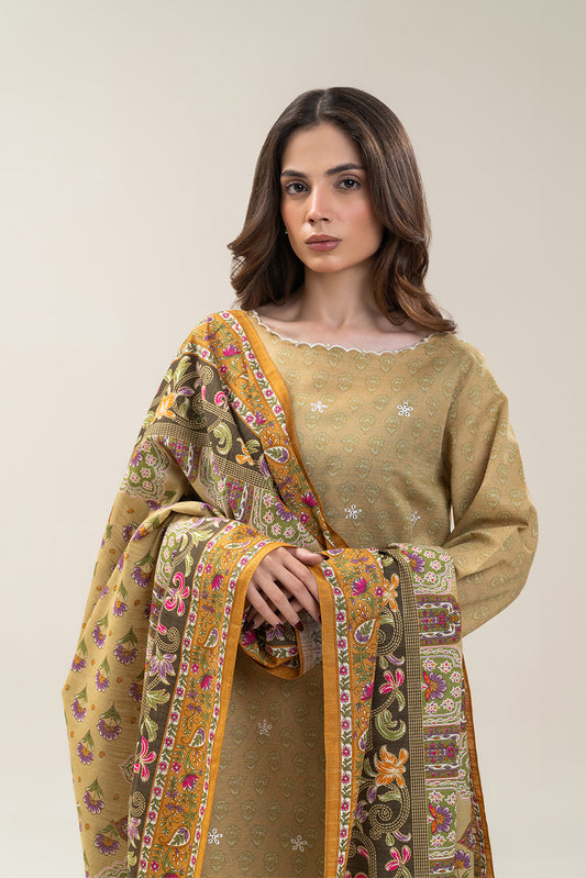 3 PIECE EMBROIDERED SLUB KHADDAR SUIT-MOSS GLEAM (UNSTITCHED)