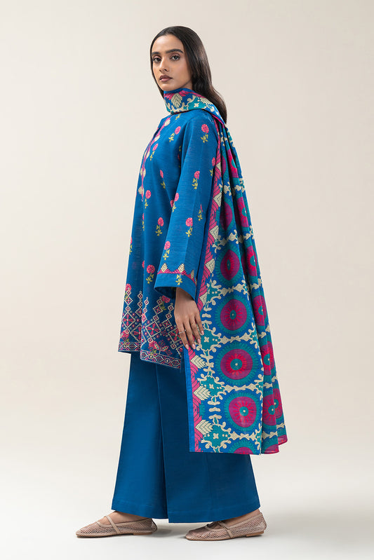 3 PIECE EMBROIDERED SLUB KHADDAR SUIT-AZURE BLOOM (UNSTITCHED)