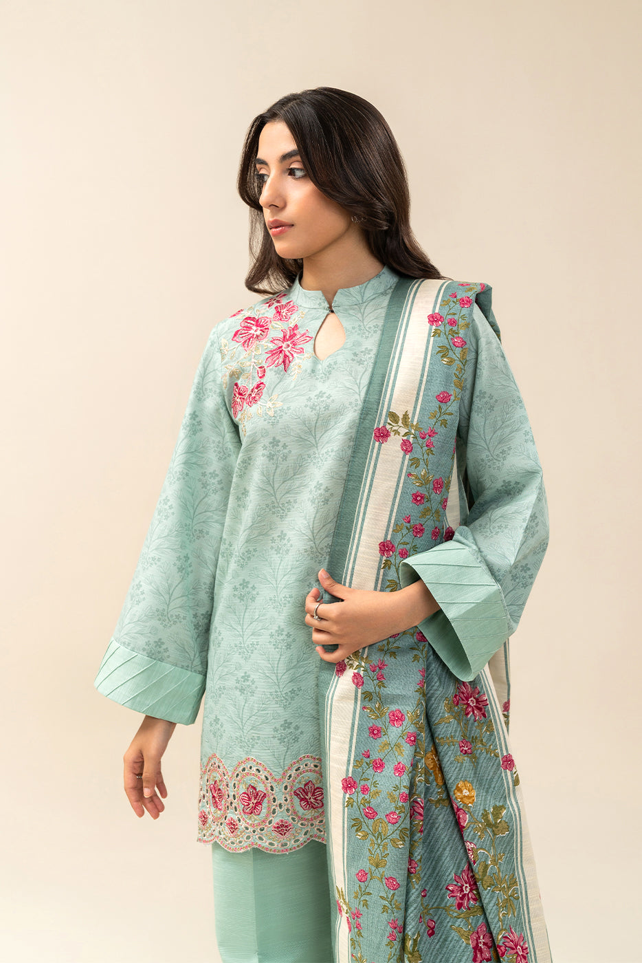 3 PIECE EMBROIDERED SLUB KHADDAR SUIT-AQUA SPRING (UNSTITCHED)