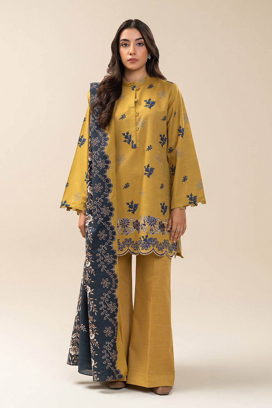 3 PIECE EMBROIDERED SLUB KHADDAR SUIT-SAFFRON CHARM (UNSTITCHED)