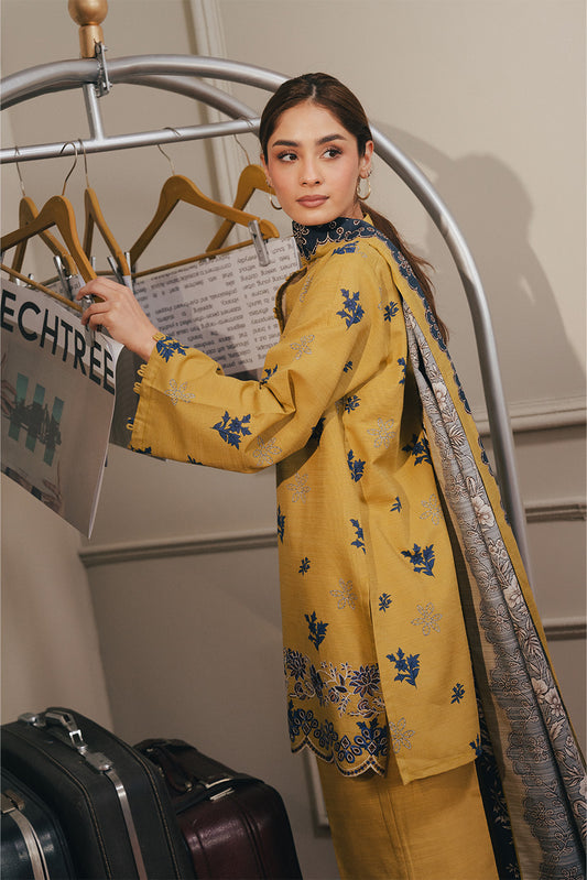 3 PIECE EMBROIDERED SLUB KHADDAR SUIT-SAFFRON CHARM (UNSTITCHED)