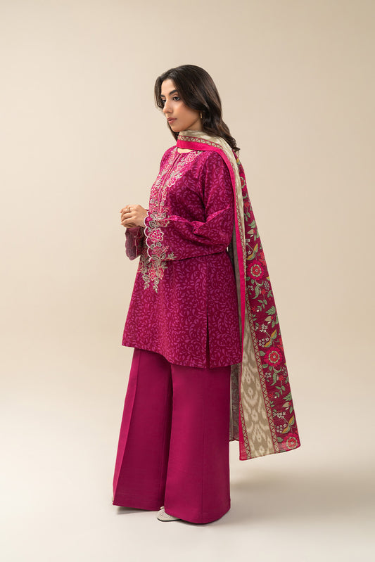 3 PIECE EMBROIDERED SLUB KHADDAR SUIT-ROSE BERRY (UNSTITCHED)