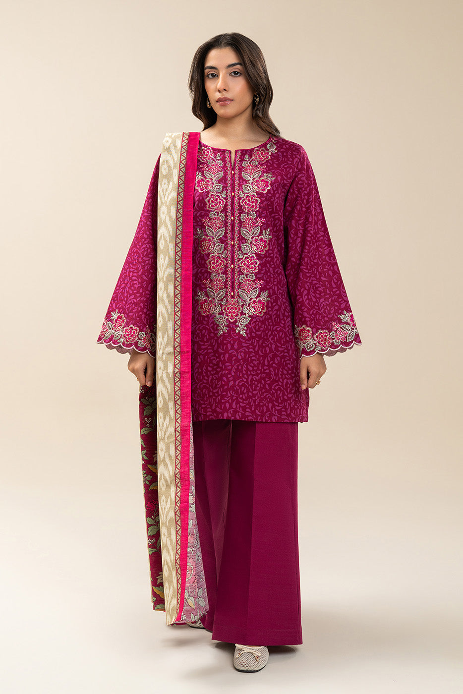3 PIECE EMBROIDERED SLUB KHADDAR SUIT-ROSE BERRY (UNSTITCHED)