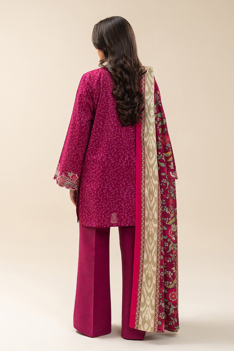 3 PIECE EMBROIDERED SLUB KHADDAR SUIT-ROSE BERRY (UNSTITCHED)