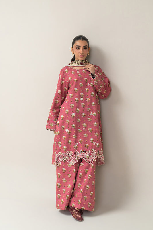 3 PIECE EMBROIDERED SLUB KHADDAR SUIT-CORAL FIERCE