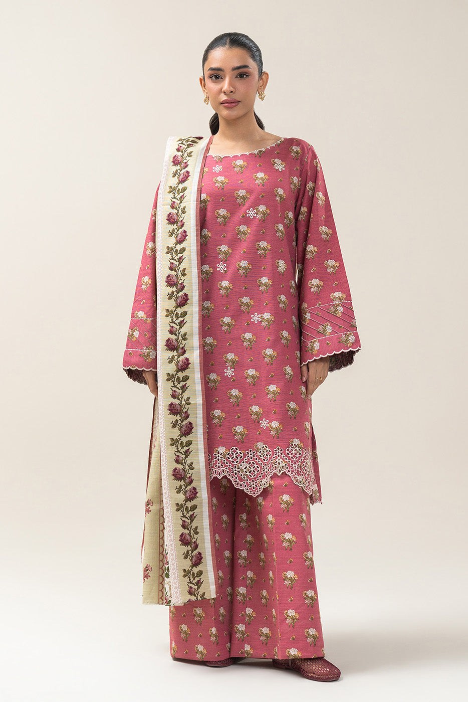 3 PIECE EMBROIDERED SLUB KHADDAR SUIT-CORAL FIERCE