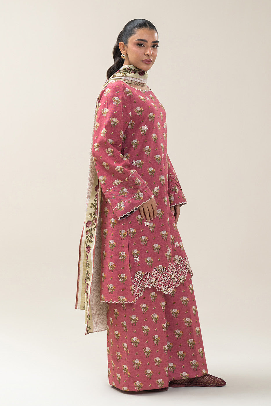 3 PIECE EMBROIDERED SLUB KHADDAR SUIT-CORAL FIERCE