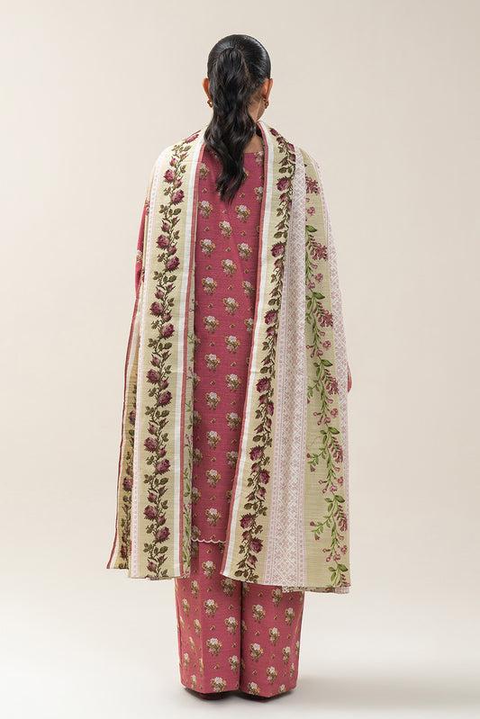 3 PIECE EMBROIDERED SLUB KHADDAR SUIT-CORAL FIERCE