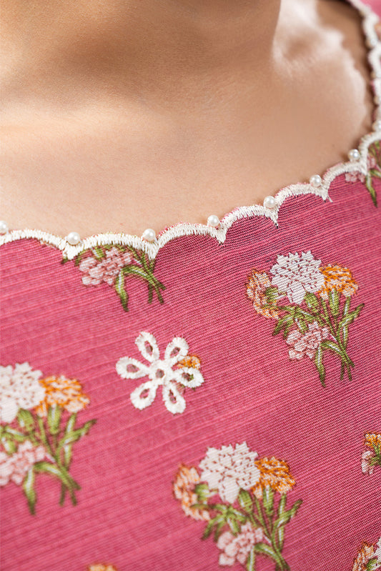 3 PIECE EMBROIDERED SLUB KHADDAR SUIT-CORAL FIERCE