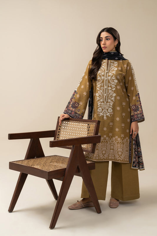 3 PIECE EMBROIDERED SLUB KHADDAR SUIT-GOLDEN MELODY (UNSTITCHED)