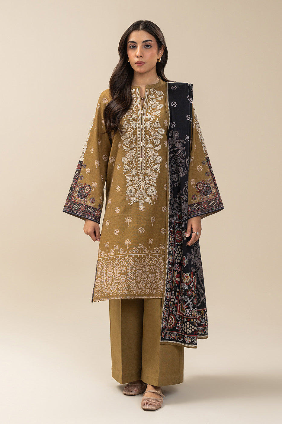 3 PIECE EMBROIDERED SLUB KHADDAR SUIT-GOLDEN MELODY (UNSTITCHED)