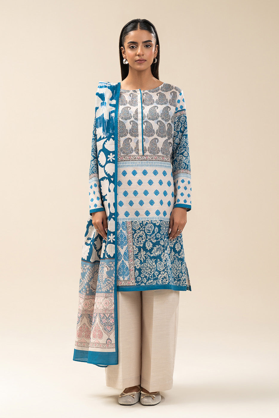 2 PIECE PRINTED SLUB KHADDAR SUIT-IVORY DEPTH (UNSTITCHED)
