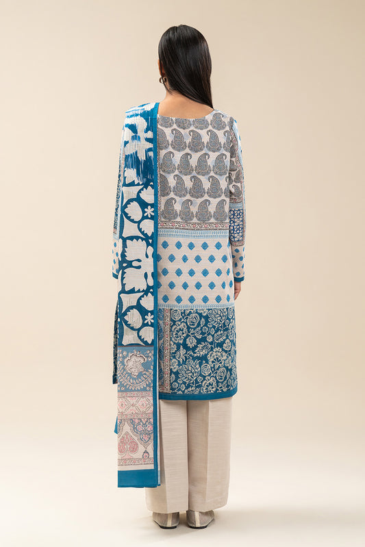 2 PIECE PRINTED SLUB KHADDAR SUIT-IVORY DEPTH (UNSTITCHED)