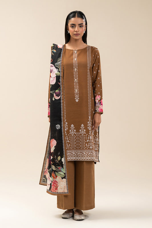 3 PIECE PRINTED SLUB KHADDAR SUIT-RUSSET MIST (UNSTITCHED)
