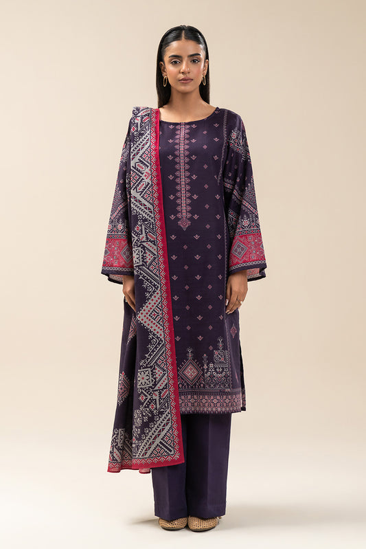 3 PIECE PRINTED SLUB KHADDAR SUIT-DEEP INDIGO (UNSTITCHED)