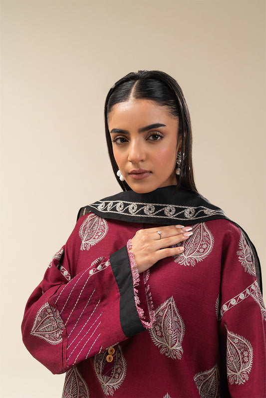 3 PIECE PRINTED SLUB KHADDAR SUIT-GARNET GLINT (UNSTITCHED)