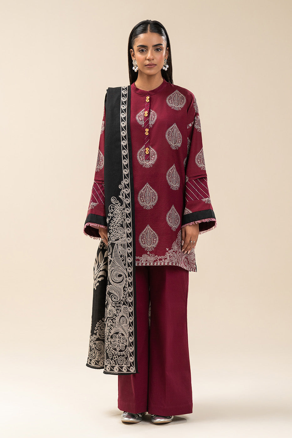 3 PIECE PRINTED SLUB KHADDAR SUIT-GARNET GLINT (UNSTITCHED)