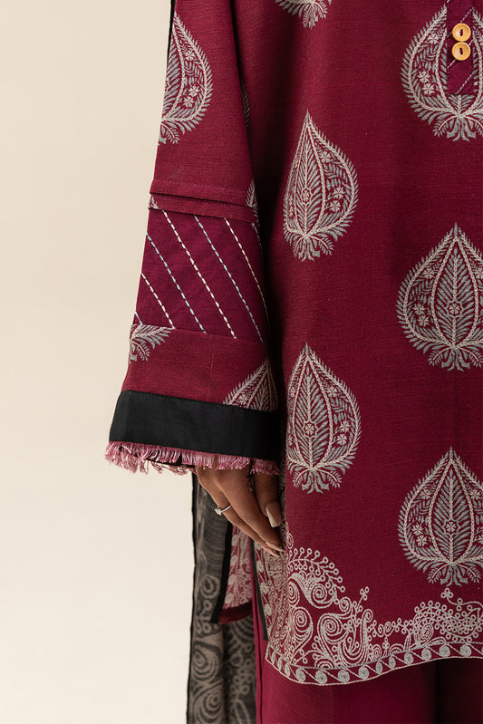 3 PIECE PRINTED SLUB KHADDAR SUIT-GARNET GLINT (UNSTITCHED)