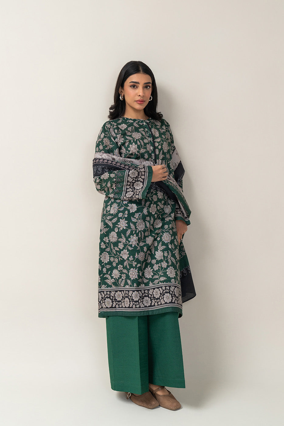 3 PIECE PRINTED SLUB KHADDAR SUIT-SMOKE GREEN (UNSTITCHED)