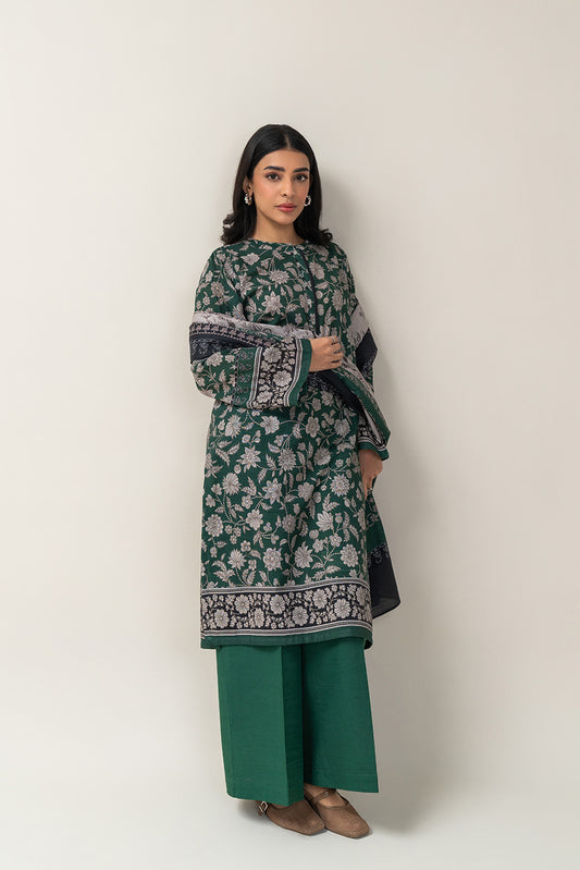 3 PIECE PRINTED SLUB KHADDAR SUIT-SMOKE GREEN (UNSTITCHED)