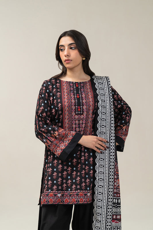 3 PIECE PRINTED SLUB KHADDAR SUIT-OBSIDIAN ROUGE SUIT
