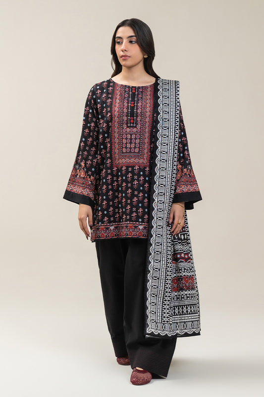 3 PIECE PRINTED SLUB KHADDAR SUIT-OBSIDIAN ROUGE SUIT