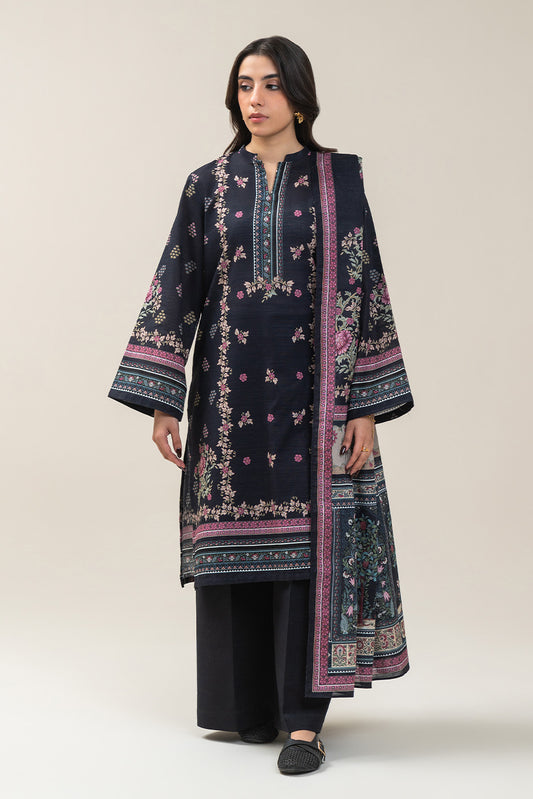 3 PIECE PRINTED SLUB KHADDAR SUIT-MIDNIGHT GARDENIA SUIT