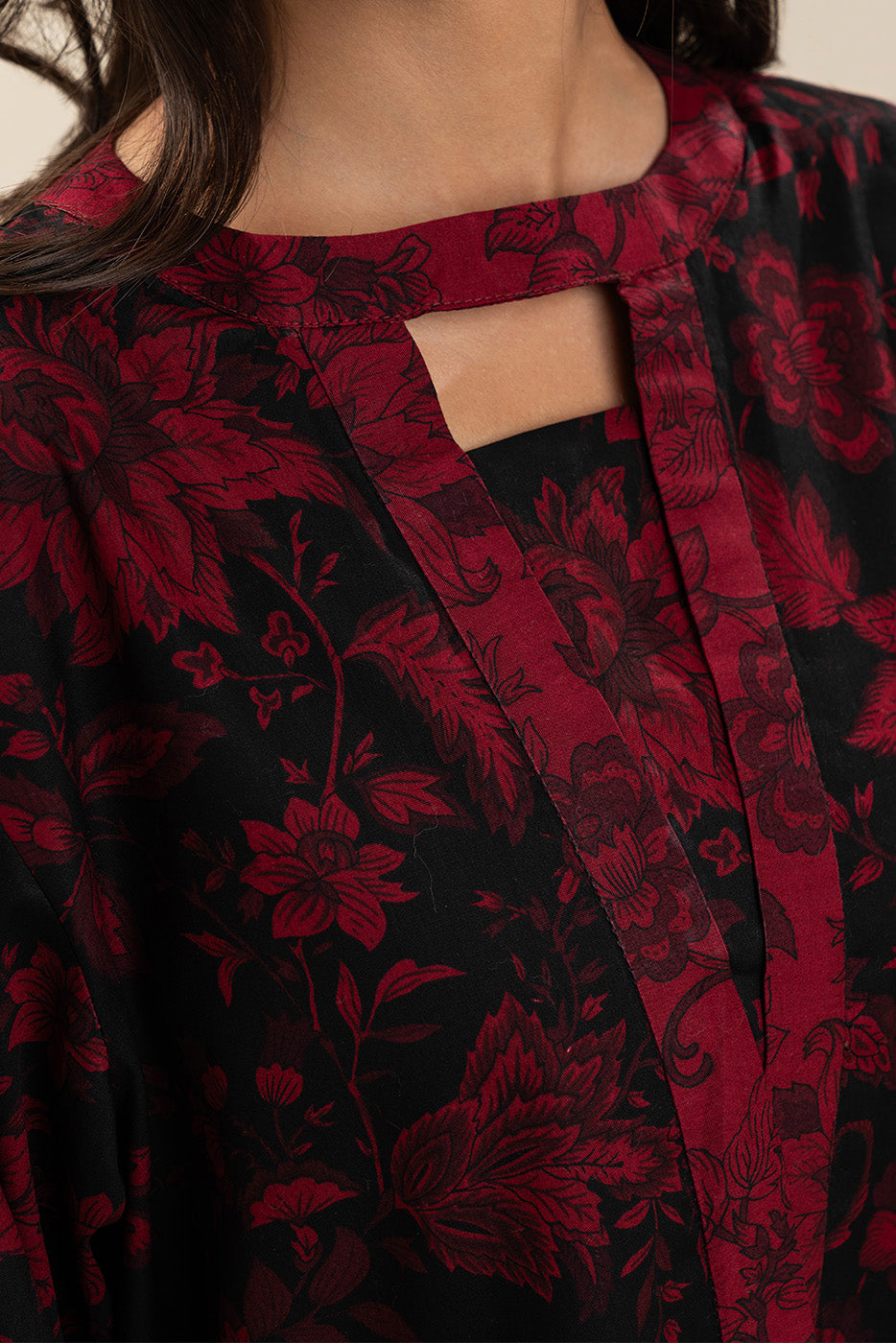 2 PIECE PRINTED CAMBRIC SUIT-MAHOGANY RED (UNSTITCHED)